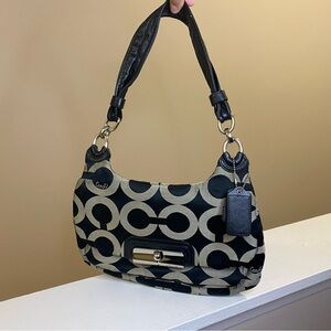 COACH KRISTIN OP ART BLACK SIGNATURE SATEEN CROSSBODY HOBO BAG PURSE